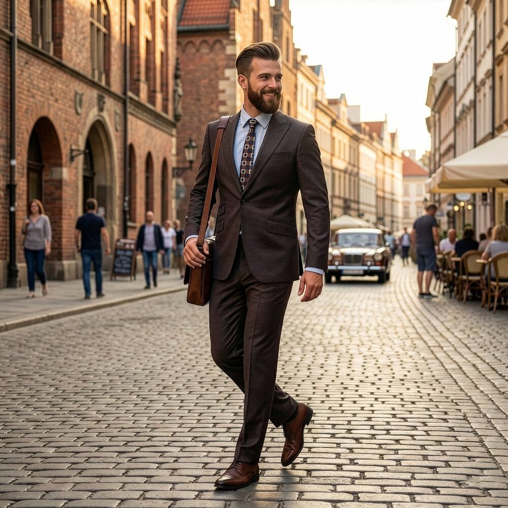 New 2026 Mens 2pc Textured Brown Suit Set w/ Pick Stitch, Slim Fit